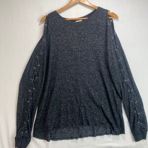 BKE‎ Women Charcoal Grey Cold Shoulder Lace Up Grommet Sleeve Knit Top Medium